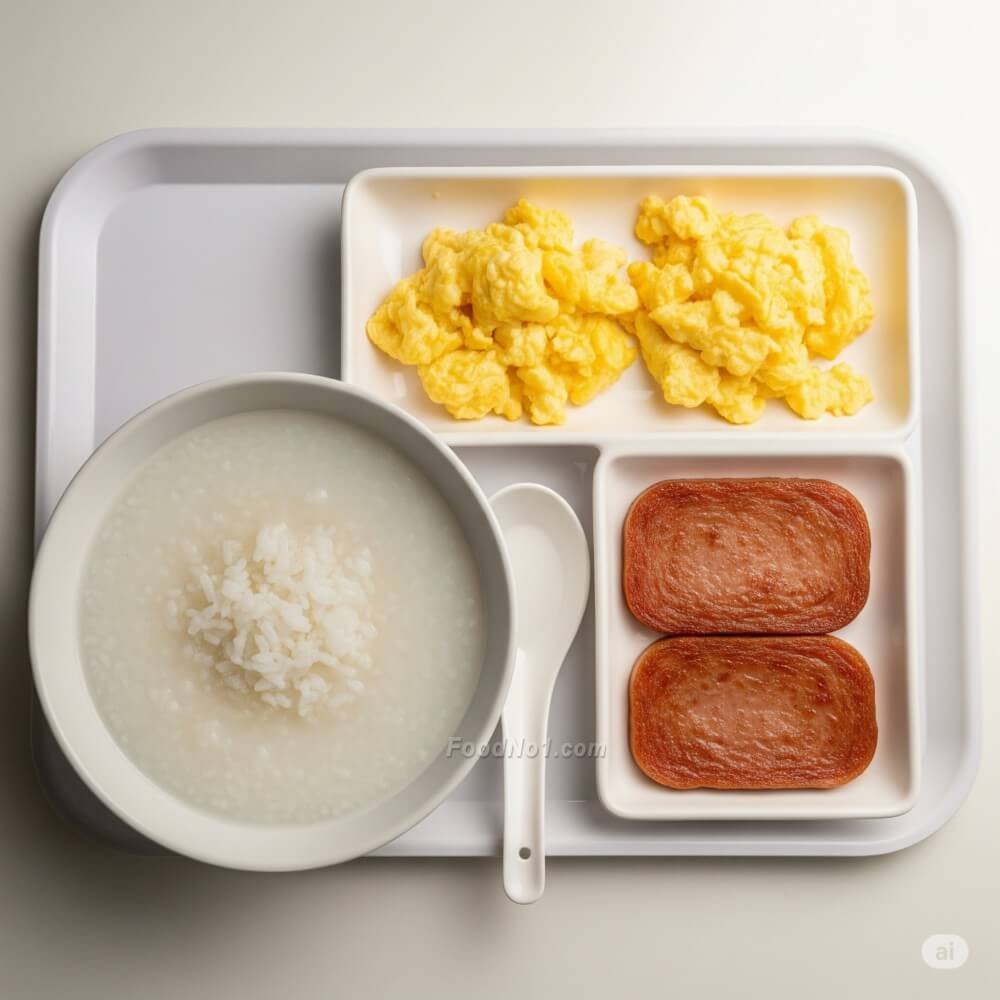 港式白粥配炒蛋與午餐肉