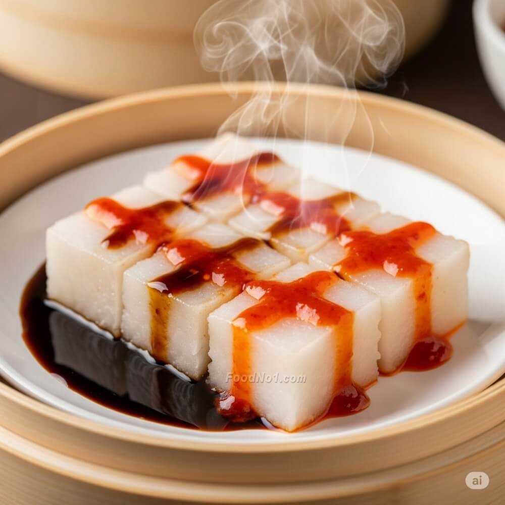 蒸蘿蔔糕配甜醬與辣椒醬