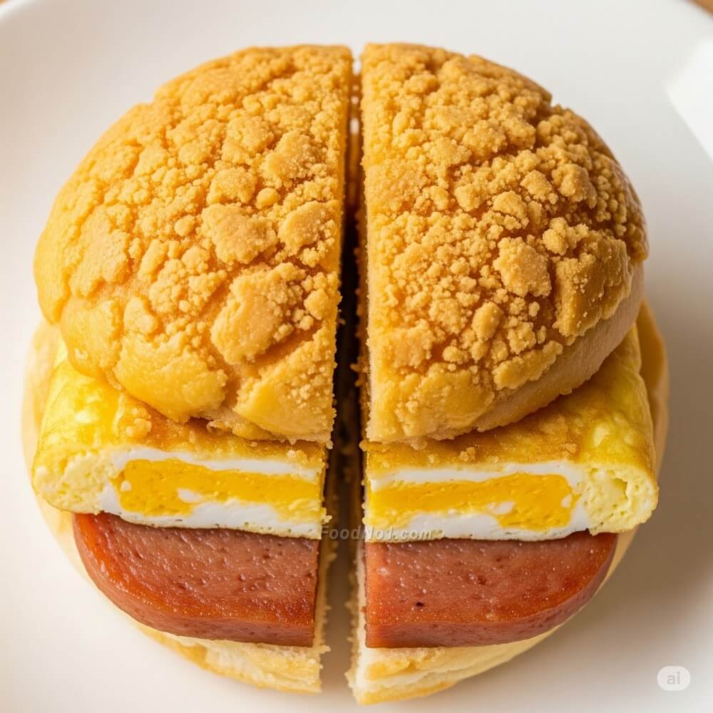 菠蘿包配炒蛋與餐肉