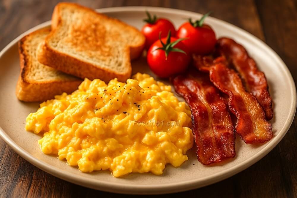 炒蛋、煙肉、烤吐司和烤番茄