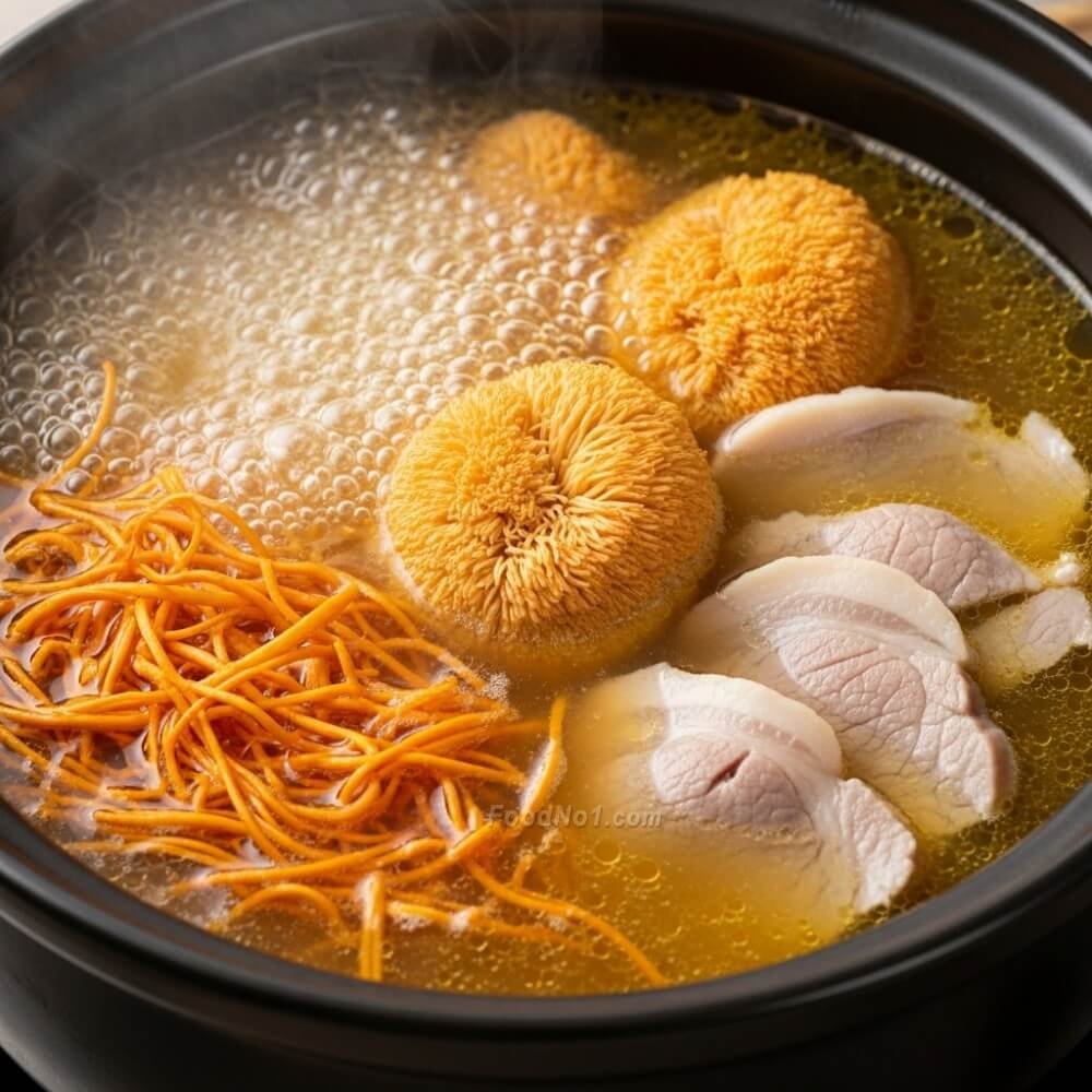 蟲草花猴頭菇燉瘦肉湯-水在瓦煲或燉盅中微滾冒熱氣的近景。