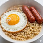 港式公仔麵配煎蛋與腸仔 港式公仔麵配煎蛋與腸仔